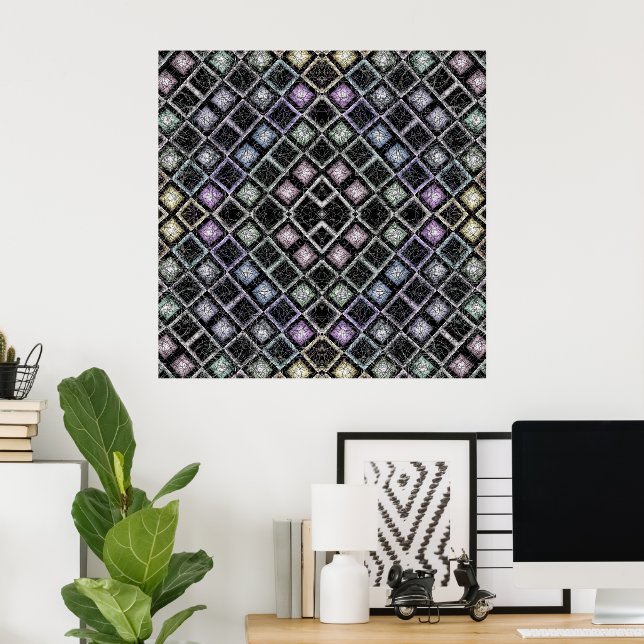 Affiche Mandalas mosaïques pastel avec treillis argenté (Bureau à domicile)