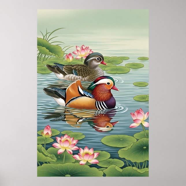 Affiche Mandarin Canards Feng Shui Peinture - Amour & Harm (Devant)