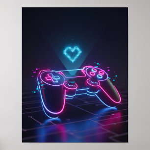 Affiche Manette de jeu Cyberpunk – Cœur Pixel Néon