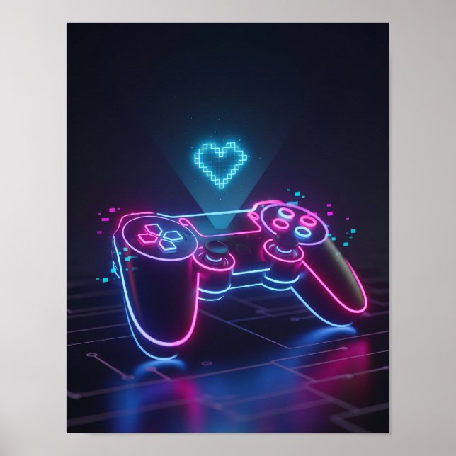 Affiche Manette de jeu Cyberpunk – Cœur Pixel Néon (Devant)