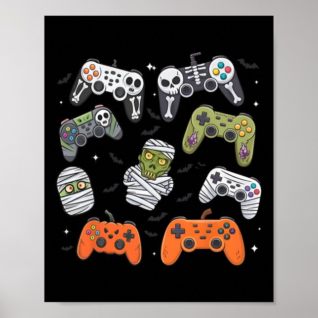 Affiche Manette de jeu rétro Halloween squelette jeu Ha (Devant)