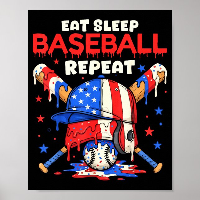 Affiche Manger Dormir Baseball Répéter Drôle Crème Glacée  (Devant)