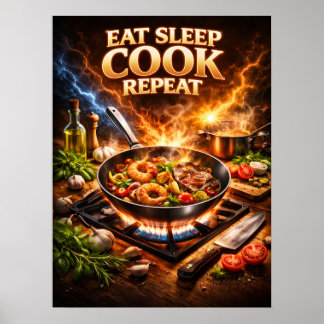 Affiche Manger Dormir Cuisiner Rétro