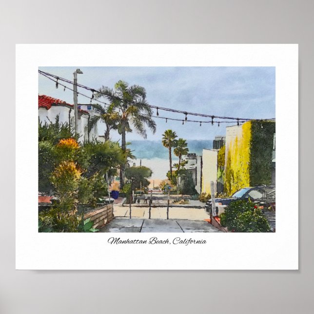 Affiche Manhattan Beach, Californie Aquarelle Imprimer (Devant)