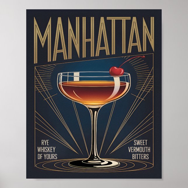 Affiche Manhattan Cocktail Art Deco Navy Blue Bar (Devant)