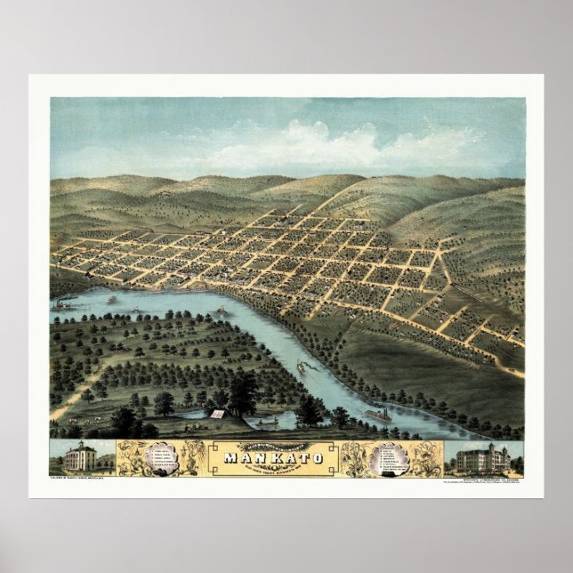 Affiche Mankato, MN Carte panoramique - 1870 (Devant)