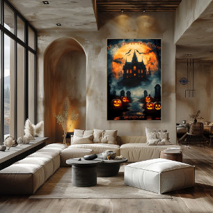 Affiche Manoir hanté Halloween avec citrouilles Jack-O'-La