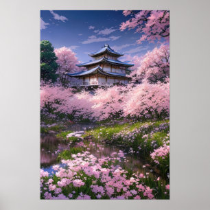 Affiche Mansion japonaise embrassée par Sakura Blossoms