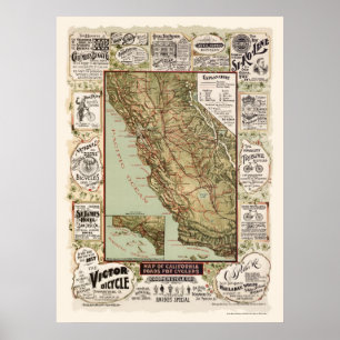 Affiche Map of California Bicycle Roads - 1895