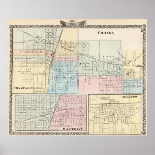 Affiche Map of Champaign, Urbana, Mattoon and Charleston