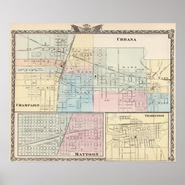 Affiche Map of Champaign, Urbana, Mattoon and Charleston (Devant)