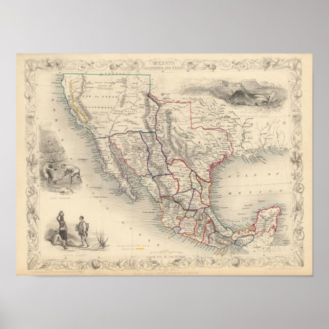Affiche Map of Mexico, California and Texas (Devant)