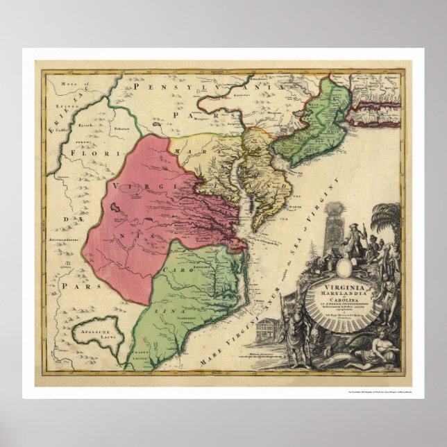 Affiche Map of Virginia, Marylandia, and Carolina 1714 (Devant)