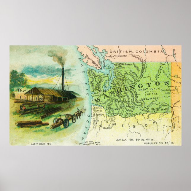 Affiche Map View of the State with a Lumbering Scene (Devant)