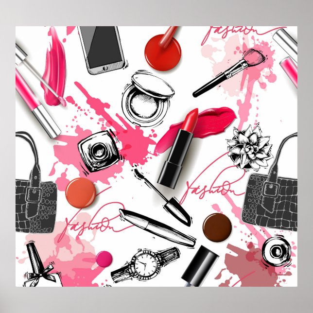 Affiche Maquillage à main, motif graphique vintage. (Devant)