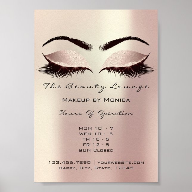 Affiche Maquilleuse Cils Paillettes Beauté Rose Rose (Devant)