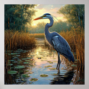 Affiche 🌿 Marais Élégant de Héron Brumeux Scène Naturelle