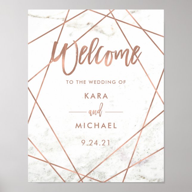Affiche Marble Faux Rose Gold Mariage géométrique Bienvenu (Devant)