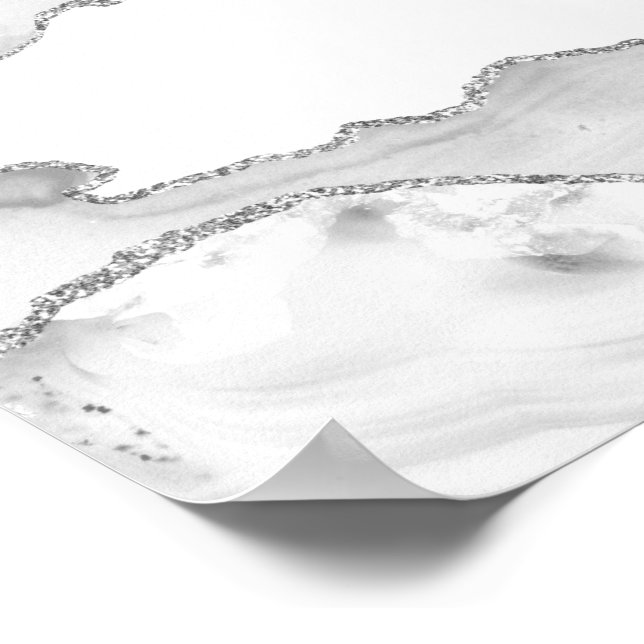 Affiche Marbre Blanc Grisé Agate Simple Paillettes Argenté (Coin)
