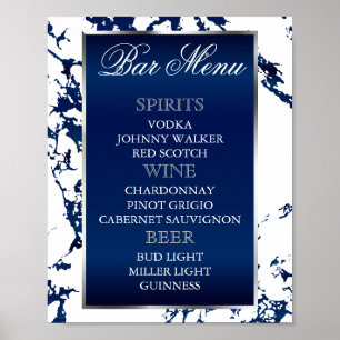 Affiche Marbre Bleu Marine, Argent & Blanc - Menu du Bar