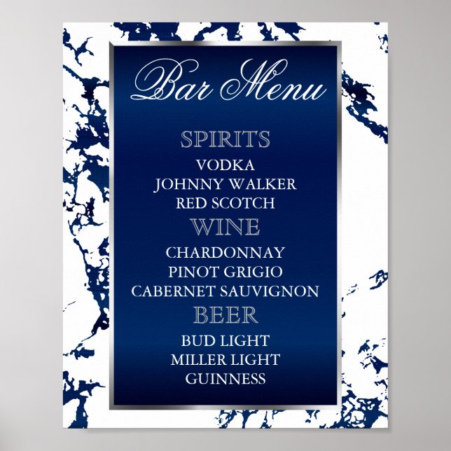 Affiche Marbre bleu marine, argent et blanc - Menu du bar (Devant)