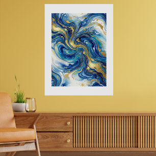 Affiche Marbre Bleu Or Luxe Abstrait Art Fluide Mural