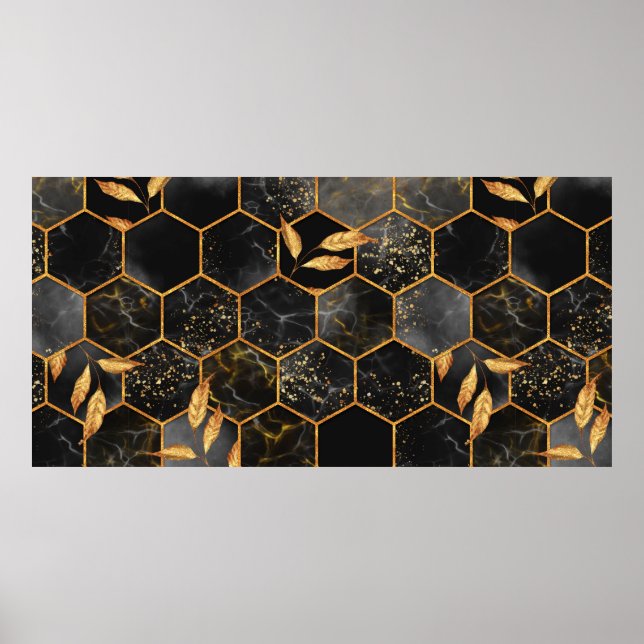 Affiche Marbre hexagone texture transparente avec feuilles (Devant)