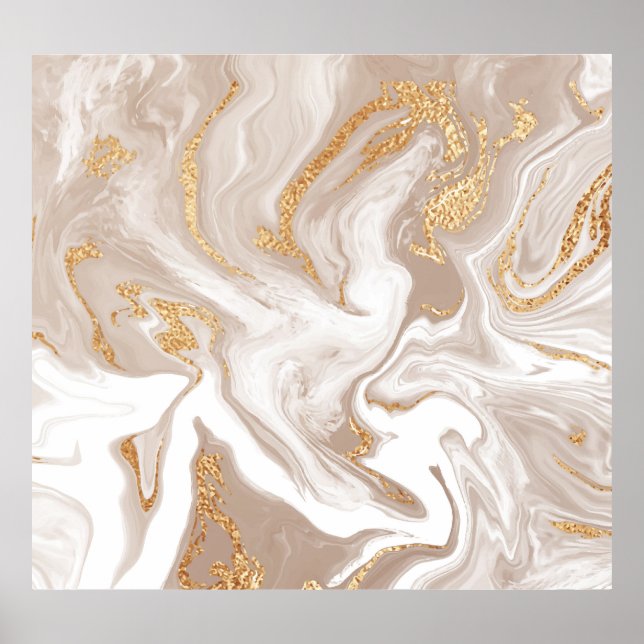 Affiche Marbre liquide beige, art de la ligne dorée. (Devant)