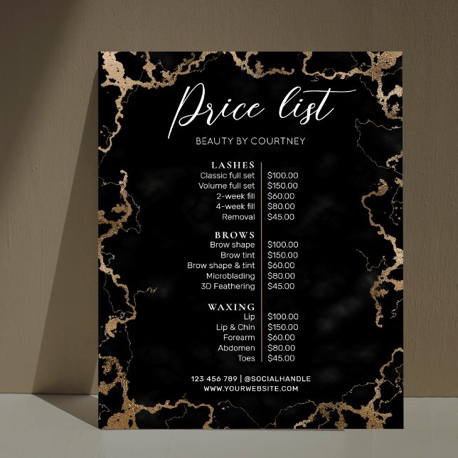 Affiche Marbre noir & Gold Elegant Liste de prix d'entrepr (Black marble and gold salon pricing menu with elegant fonts and faux gold glitter effects)