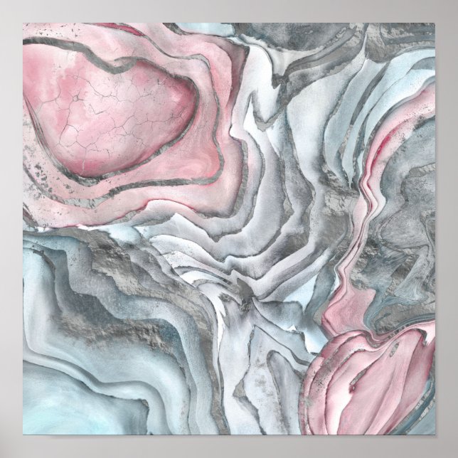 Affiche Marbre rose blush - roses pastel et argent (Devant)