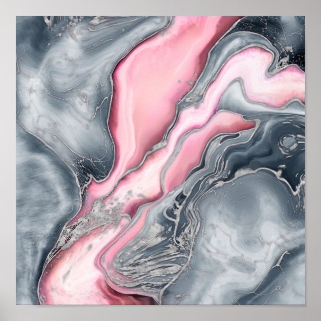 Affiche Marbre rose clair - rose pastel, gris et argent (Devant)