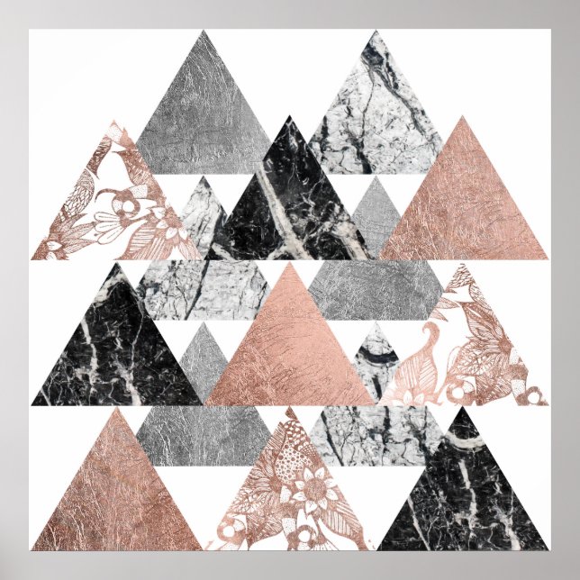 Affiche Marbre Rose or argent et Floral Geo Triangles (Devant)
