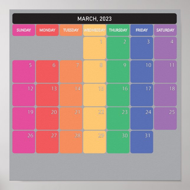 Affiche March 2023 planer calendar color days (Devant)