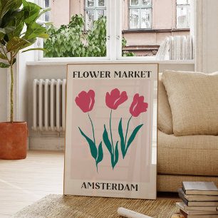 Affiche Marché aux fleurs Amsterdam Tulipes roses Floral