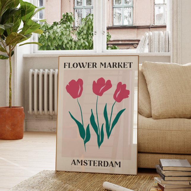 Affiche Marché aux fleurs Amsterdam Tulipes roses Floral (In situ Living room)