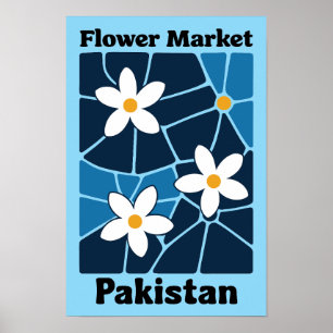 Affiche Marché aux fleurs du Pakistan Jasmin et bleu - Œuv