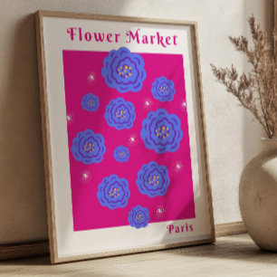 Affiche Marché aux Fleurs Paris Fuchsia& Bleu Floral Vibra