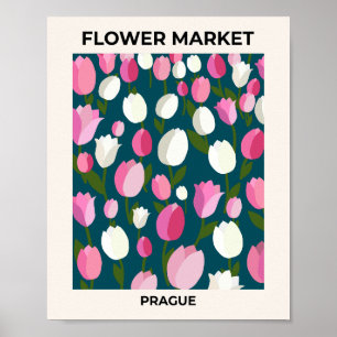 Affiche Marché aux Fleurs Prague Tulipes Bleu Marine Et Ro