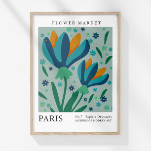 Affiche Marché aux Fleurs Rétro Paris Fleurs Bleues Orange