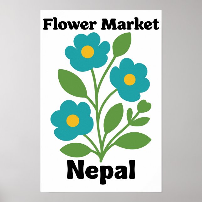 Affiche Marché de fleurs du Népal Fleur Teal & Feuille Ver (Devant)