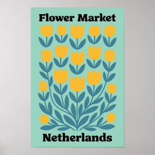 Affiche Marché de fleurs Hollande Pays-Bas Tulipes Jaunes
