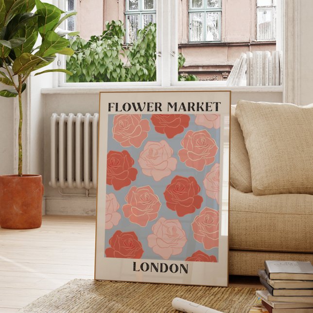 Affiche Marché de fleurs Londres Roses Florales Rose Rouge (In situ Living room)