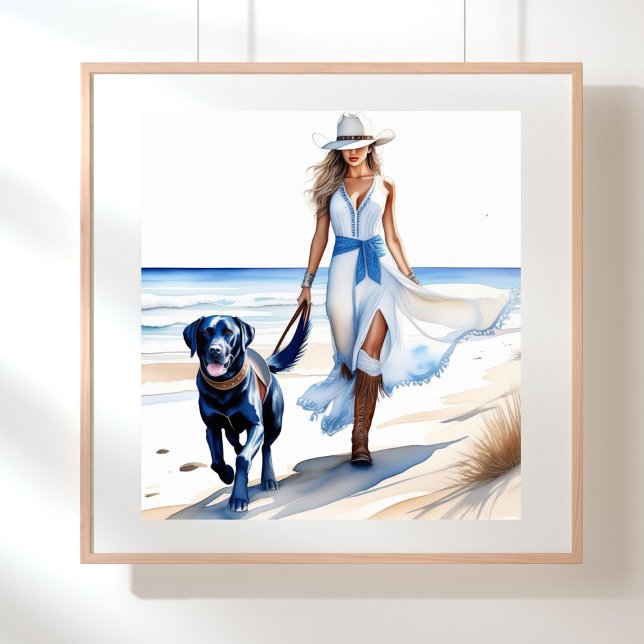 Affiche Marche de la cow-girl côtière avec le chien sur la (Coastal cowgirl walking on the beach with a dog)