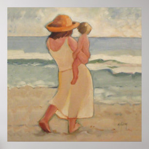 Affiche Marche de plage avec mère et bébé