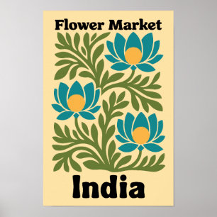 Affiche Marché Fleur Inde Lotus Sarcelle & Feuille Botaniq