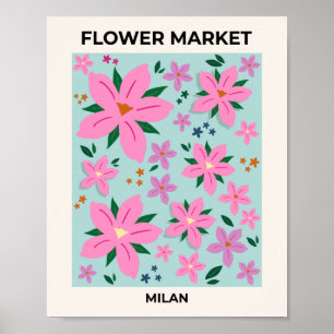 Affiche Marché Fleur Milan Rose Et Turquoise Floral