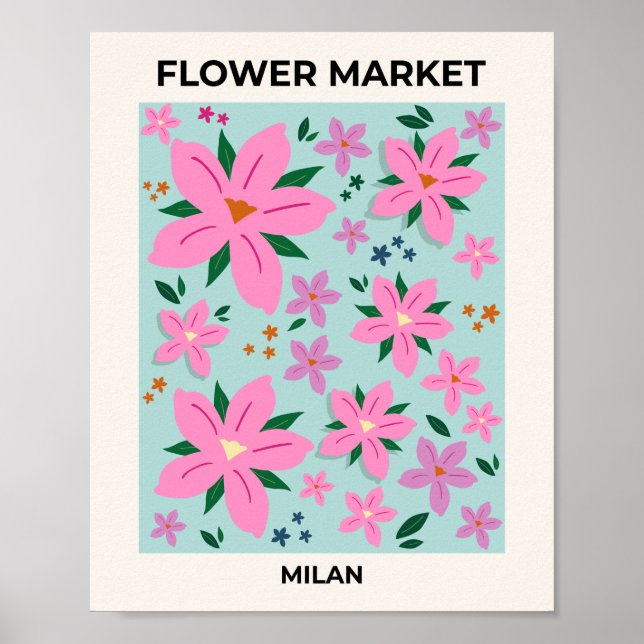 Affiche Marché Fleur Milan Rose Et Turquoise Floral (Devant)