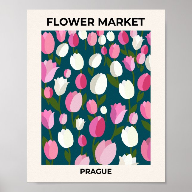 Affiche Marché Fleur Prague Tulips Marine Bleu Et Rose (Devant)
