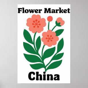 Affiche Marché Fleuriste de Chine Pivoine Corail et Feuill