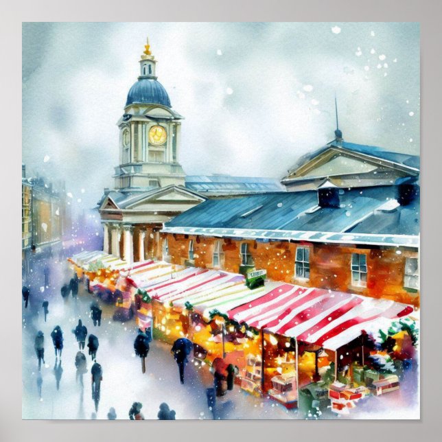 Affiche Marché London-Greenwich dans la neige (A), Aquarel (Devant)